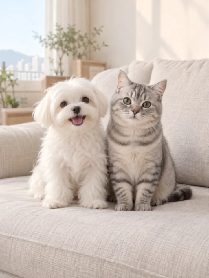 소파에 나란히 앉은 강아지와 고양이 사진에 하트, 반짝임, SO CUTE 스티커를 붙인 예시